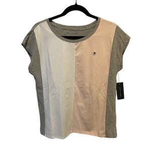 NWTTommy NWT Hilfiger Womens Colorblock Short Sleeve Tee Grey Pink White  SM
